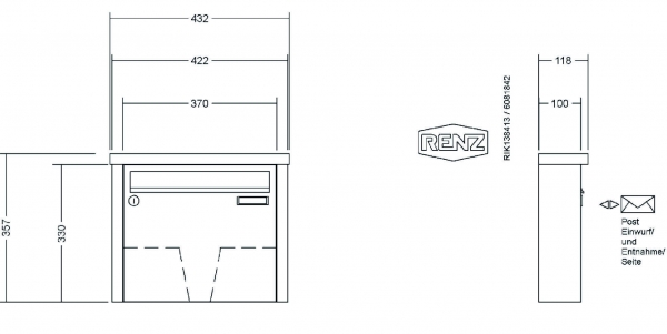 RENZ Briefkastenanlage Aufputz, Tetro, Edelstahl V4A, Kastenformat 370x330x100mm, 1-teilig